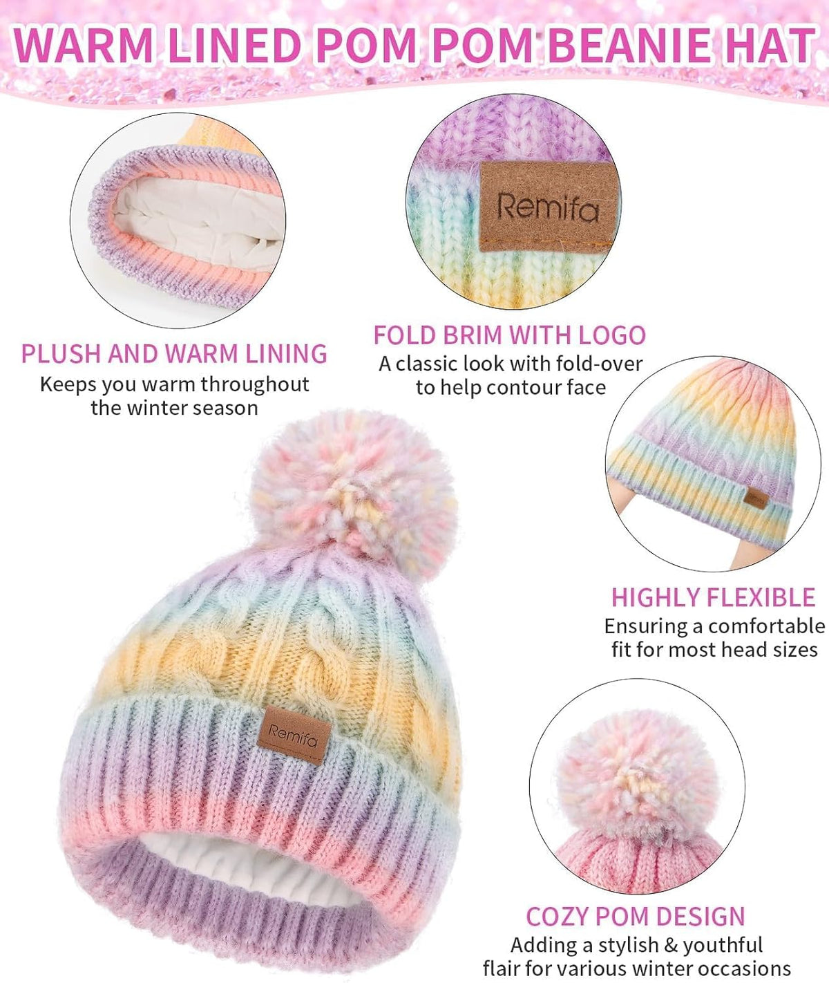 Remifa Kids Winter Hat Scarf Gloves Set, Girls Boys Toddler 8% Wool Warm Fleece Beanie Knit Neck Scarf Mittens Christmas Gift