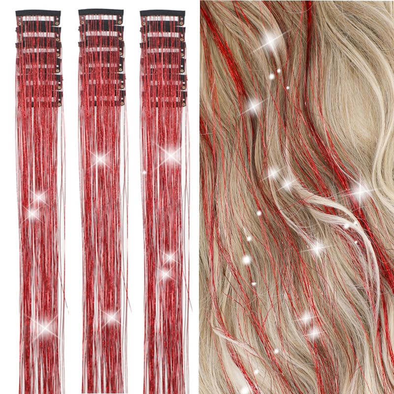 18 Pcs Hair Tinsel Clip in, Pink Hair Tinsel Kit, Tinsel Hair Extensions