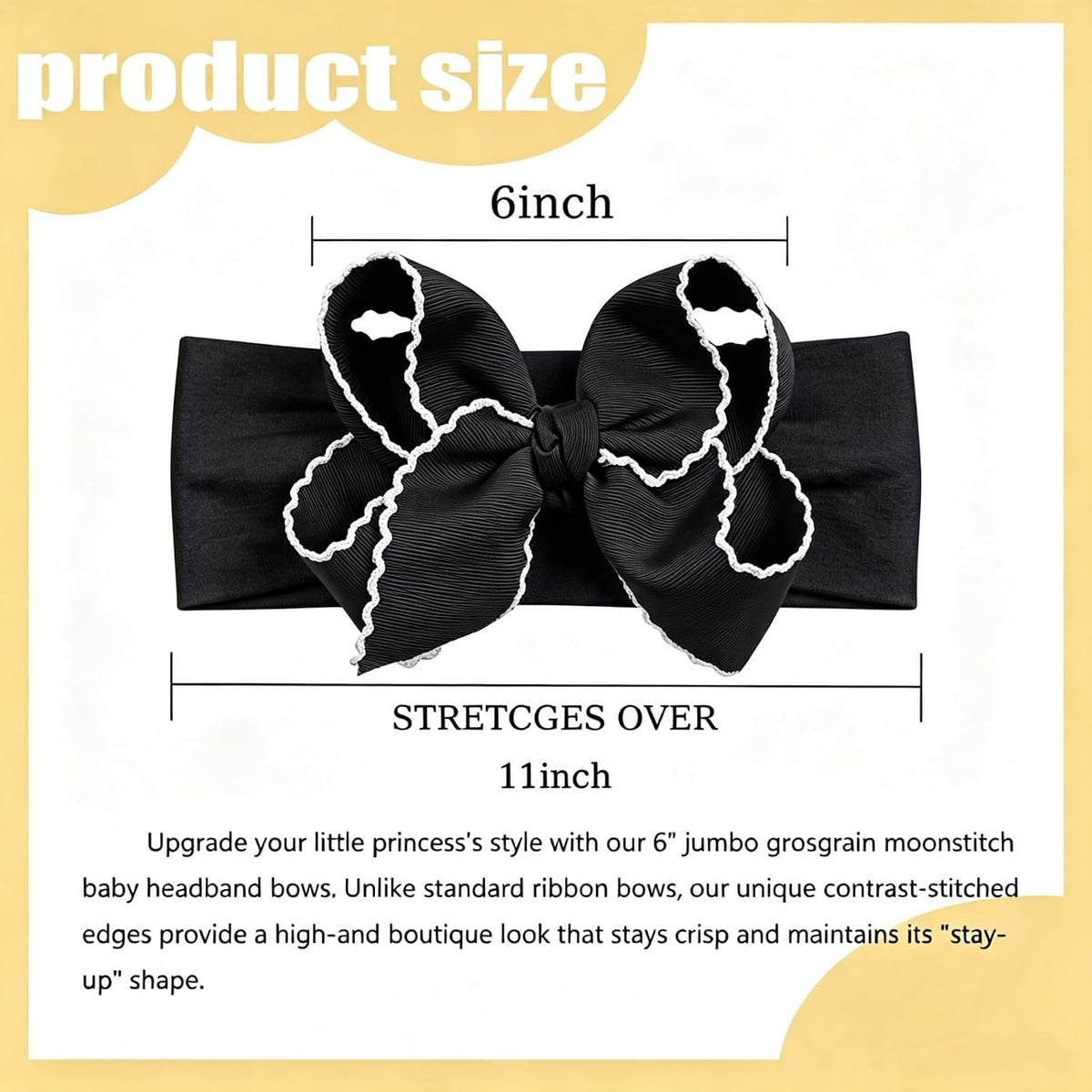 6'' Jumbo Black Baby Girls Bow Headbands, Soft Nylon Headwraps