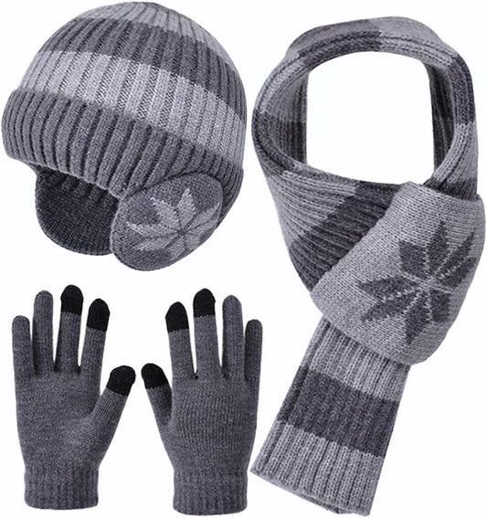Kids Winter Hat Scarf Gloves Set 3Pcs, 3-12Y Fleece Lined Beanie With Earmuffs Double Layer Scarf Touchscreen Gloves Toddlers