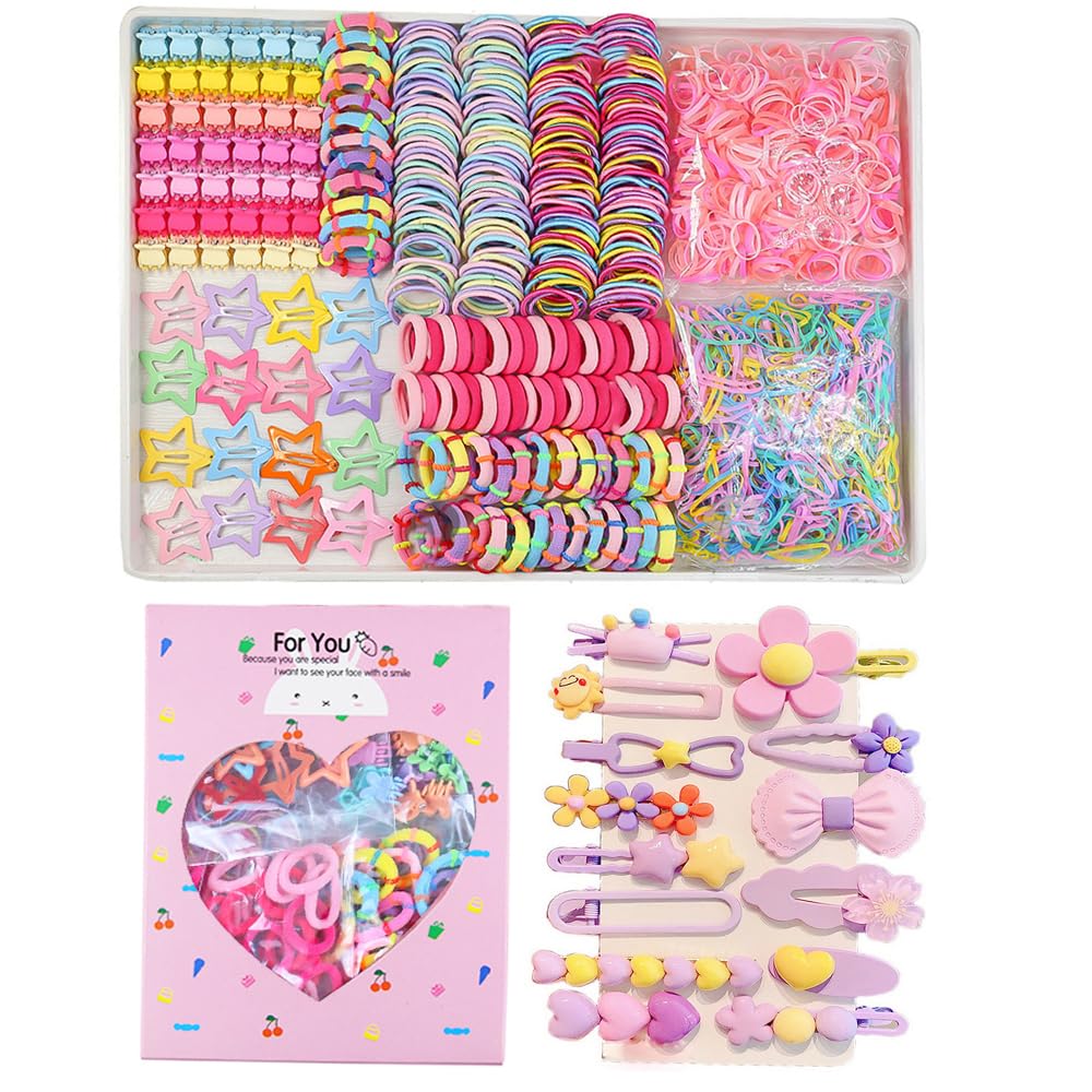 889 pcs Elastic Hair Ties for Girls Hair Accessories Ponytail Holders Colorful Rubber Bands Set with 14 pcs Cute Hair Clip