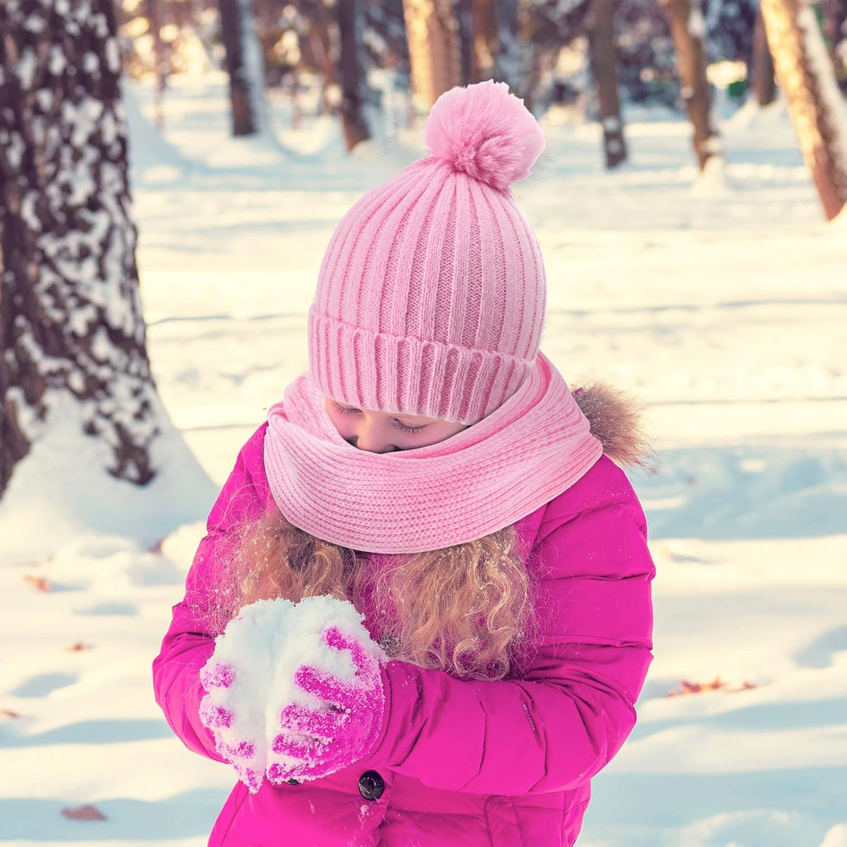 JaGely 2 Sets Kids Winter Hat Gloves Scarf Set Girls Boys