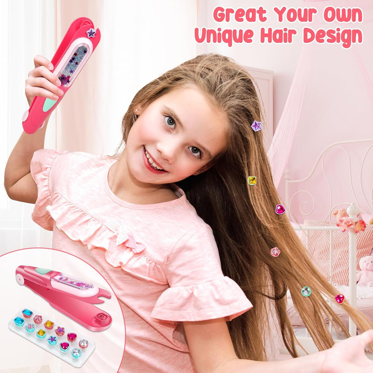 Vunrahsg Hair Gem Stamper Kit Hair Accessories for Girls Toy Bling Hair Styling Tool Reusable Shining Diamonds Hair Bead Jewelry Crafts Styling Head Stuff Birthday Gifts Toys 3 4 5 6 7 8-12 Girl Toys