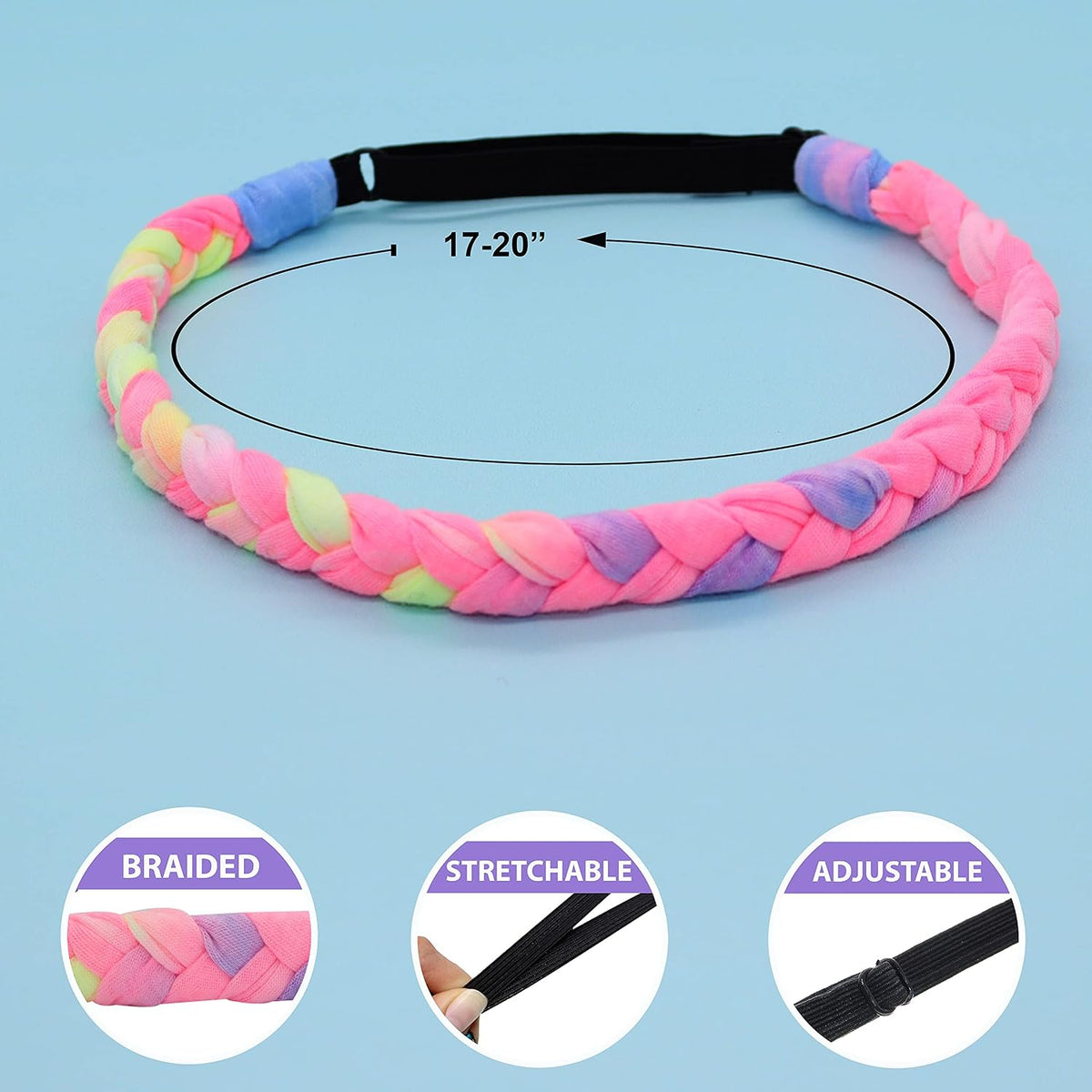 FROG SAC 4 Braided Headbands for Girls, Adjustable Rainbow Tie Dye Braid Head Bands for Kids, Stretch Elastic Cloth Fabric Hairbands Accessories for Women, Teen Easter Basket Fillers Stocking Stuffers