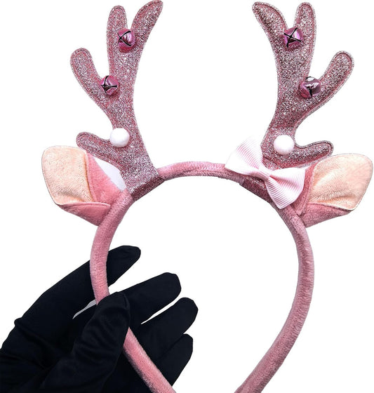 Glittering Pink Christmas Reindeer Antler Headband with Bell Bow - Festive Deer Ears Hair Band Cute Holiday Party Hair Accessories for Women Girls Christmas Supplies
