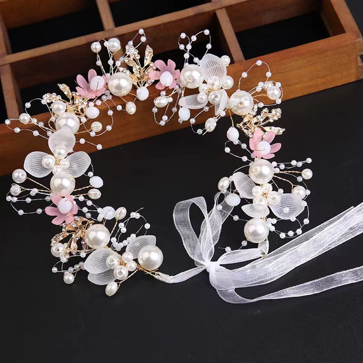 KAYZON Hair Accessories: Bridal Pearl Flower Headpiece Headband for Girls, Flower Girls, and Women (Gold)