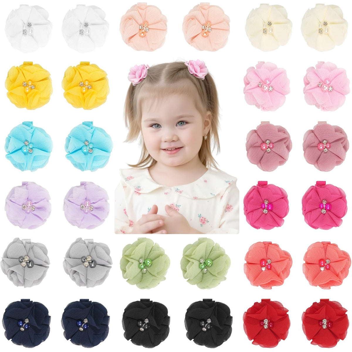DED 40PCS 2" Chiffon Flower Hair Bows Clips for Girls Infants Toddlers