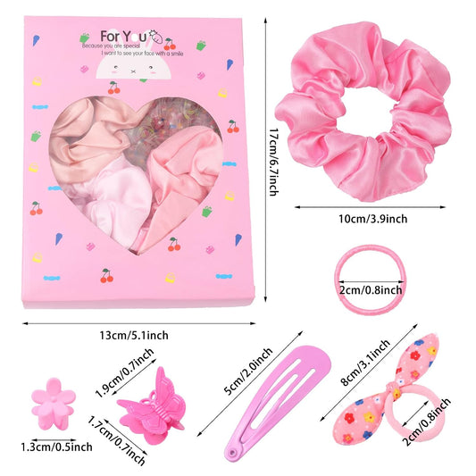 Rosvia Hair Accessories Set for Girls,Toddler Colorful Elastic Hair Ties with Gift Box 505PCS, Cute Rabbit Ear Hair Ties, Mini Flower Claw Clips and Butterfly Hair Clips,Satin Silk Scrunchies