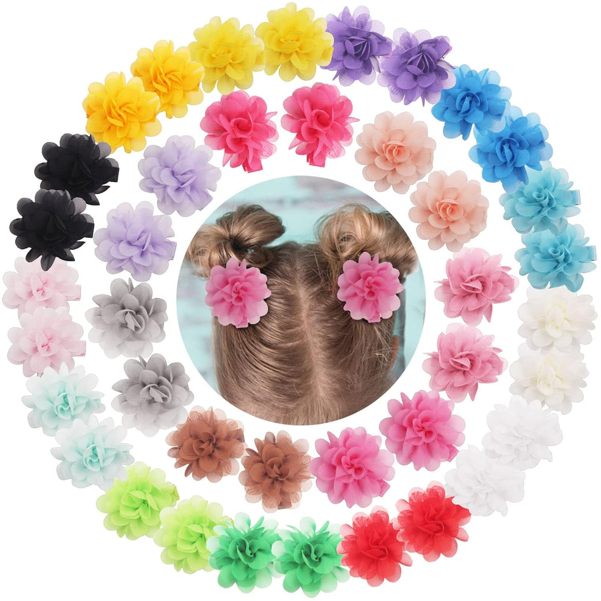 DED 40PCS 2" Chiffon Flower Hair Bows Clips for Girls Infants Toddlers
