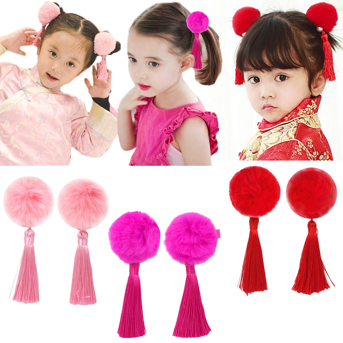 CÉLLOT 6Pcs Chinese Style Hairy Furry Balls Bows Clips for Girls Kids Child