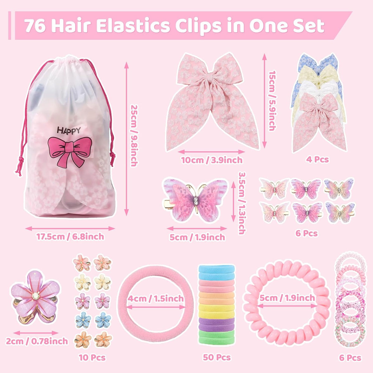 76Pcs Pink Little Girls Hair Accessories Set with Elastic Hair Ties Clips