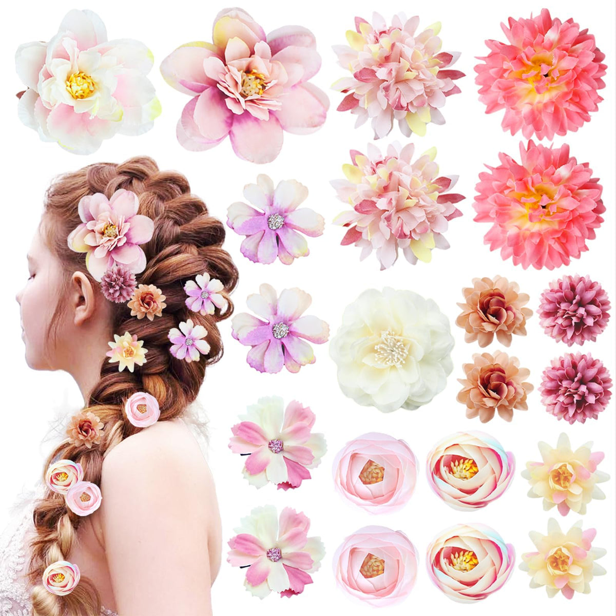 21 PCS Hair Flowers Boho Hair Barrettes Accessories Hawaiian Silk Flower Clips Girls Purple Blue Floral Bride Headpiece Festival(BLUE & PURPLE)