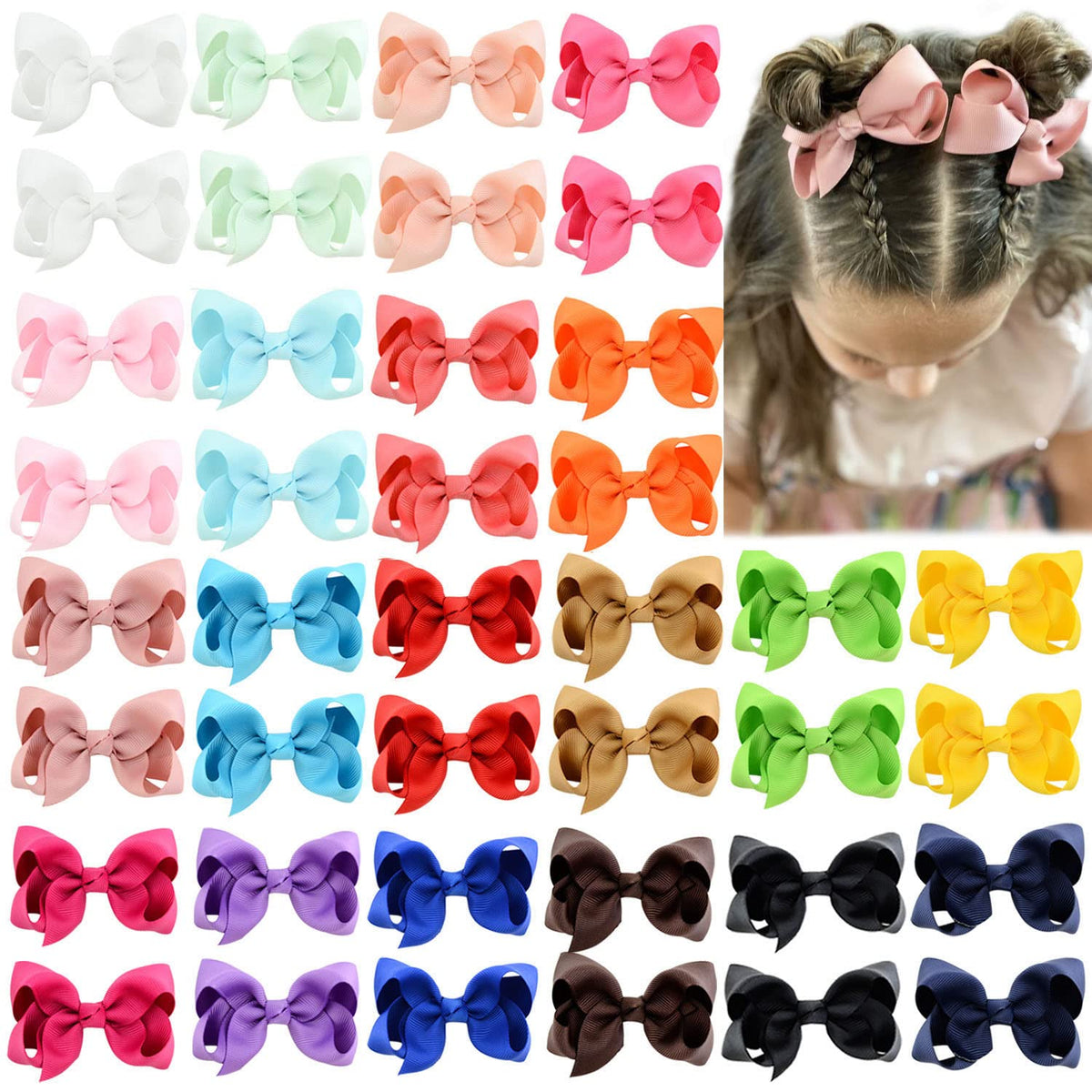 YHXX YLEN 40PCS 3Inch Hair Bows for Girls Grosgrain Ribbon Toddler Hair Bow
