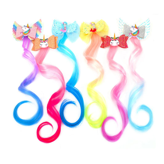 6 Pcs Hair Accessories for Girls,Bows for Girls,Unicorn Hair Clips with Colorful Ombre Hair Extensions, Glitter Bow Design