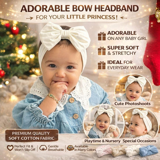 Baby Girl Headbands-Infant Toddler Cotton Handmade Hairbands with Big Bows Child Hair Accessories (Soft White, 3-36 Month)