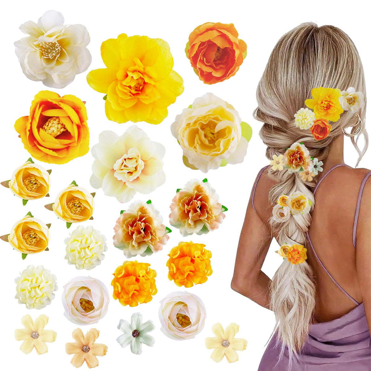 21 PCS Hair Flowers Boho Hair Barrettes Accessories Hawaiian Silk Flower Clips Girls Purple Blue Floral Bride Headpiece Festival(BLUE & PURPLE)