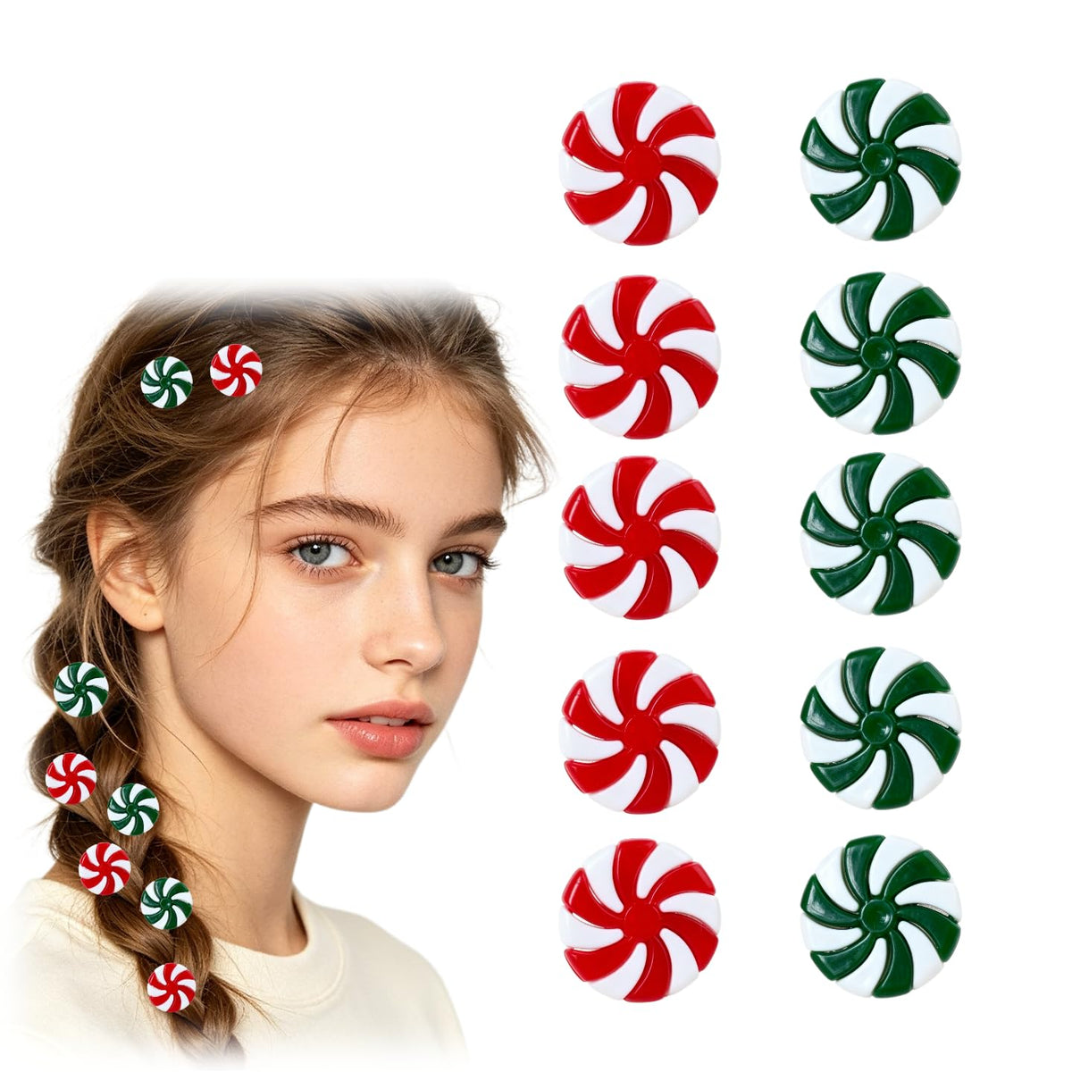 10Pcs Mini Peppermint Candy Hair Clips, Christmas Hair Accessories