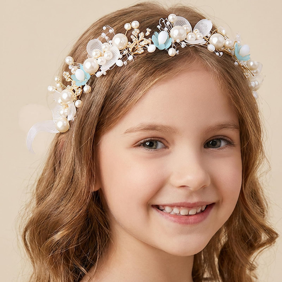 KAYZON Hair Accessories: Bridal Pearl Flower Headpiece Headband for Girls, Flower Girls, and Women (Gold)