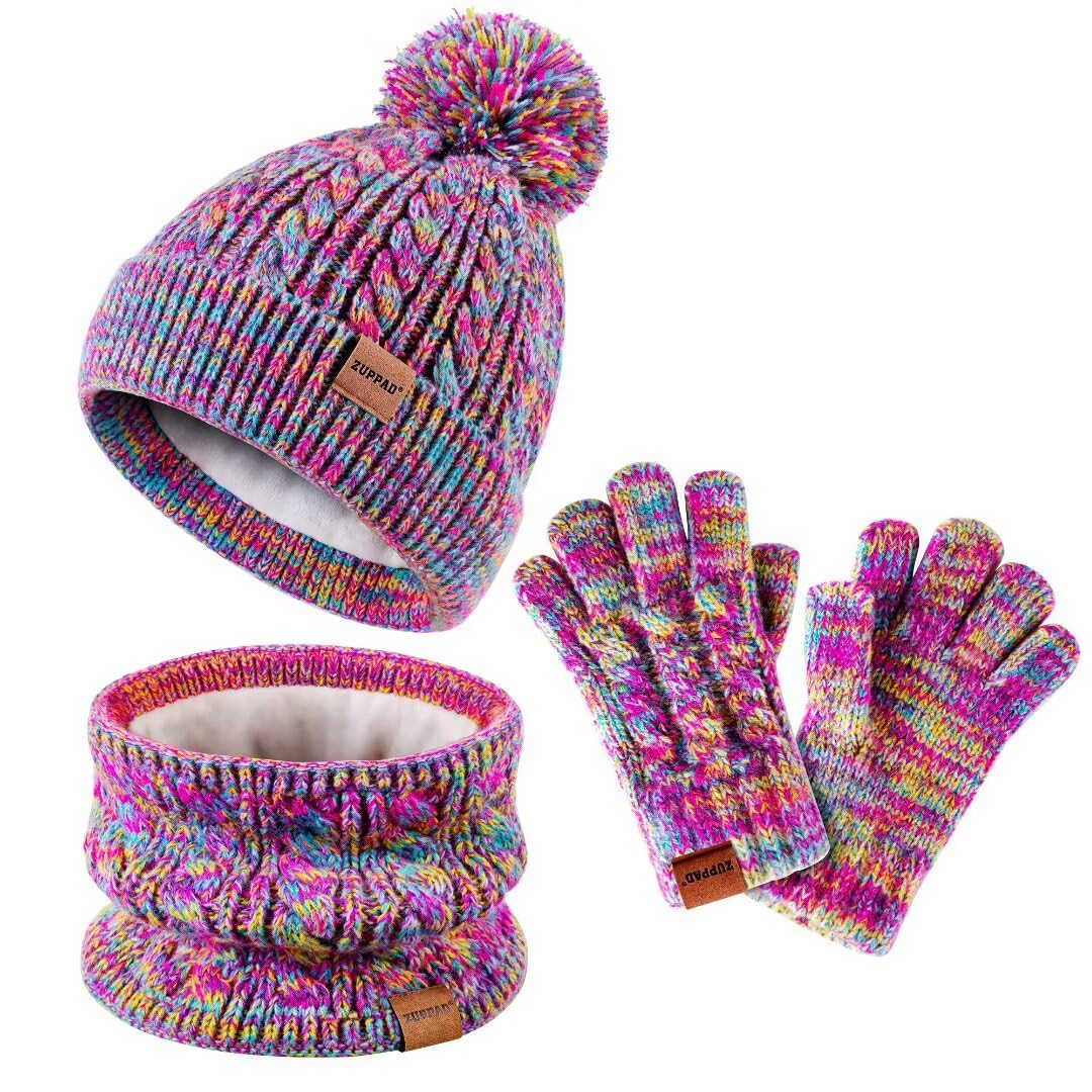 Kids Winter Hat Gloves Scarf Set,Girls Toddler Children Hats Beanie with Pom Knit Neck Warmer Gaiter Mittens Fleece Lined Set