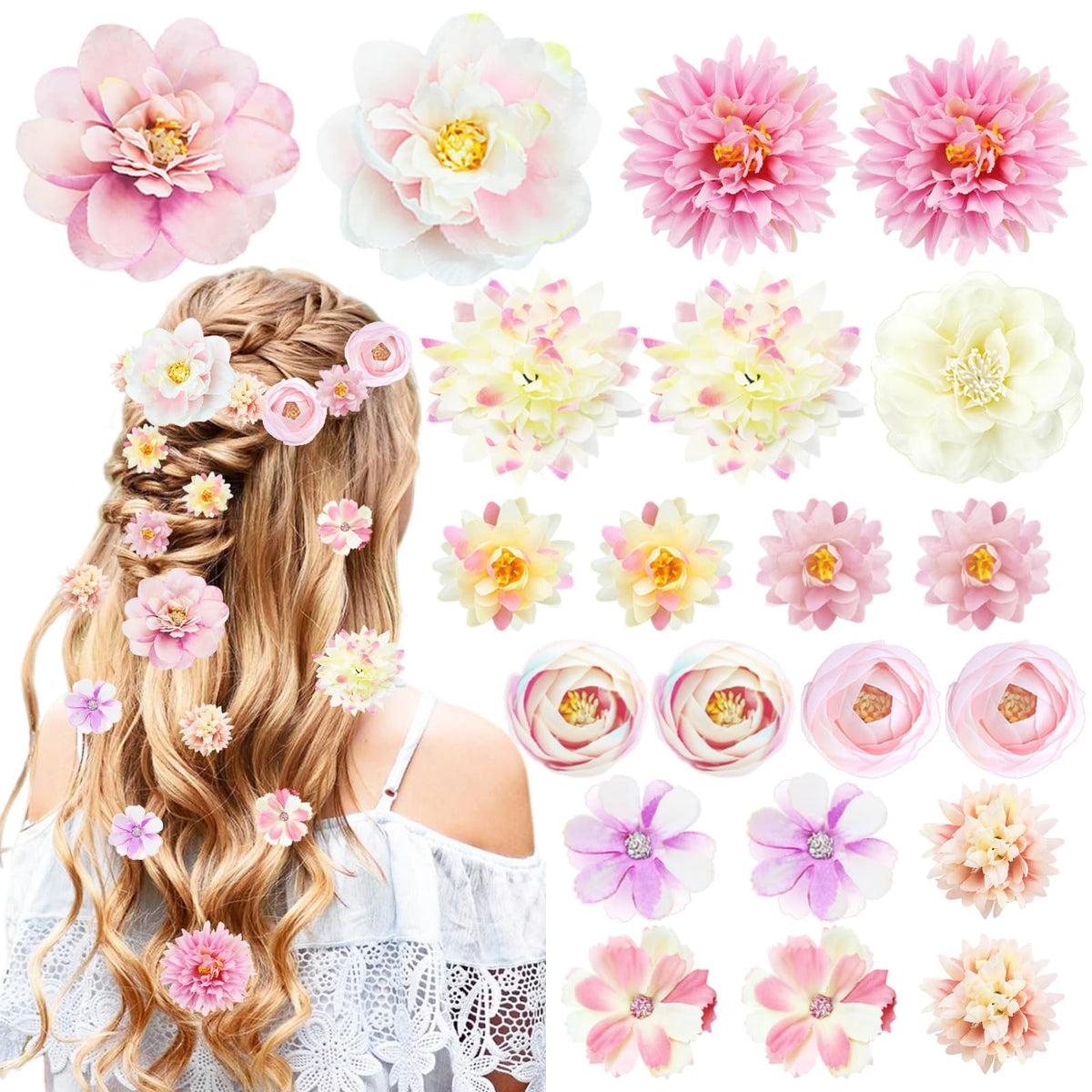 21 PCS Hair Flowers Boho Hair Barrettes Accessories Hawaiian Silk Flower Clips Girls Purple Blue Floral Bride Headpiece Festival(BLUE & PURPLE)