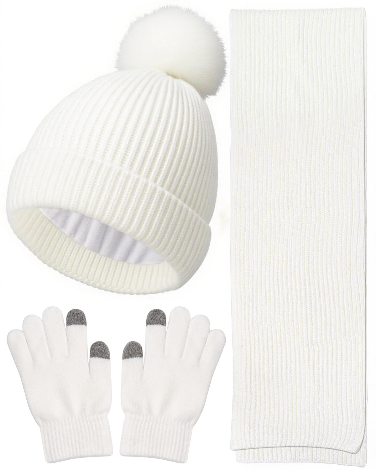 Wandx Kids Winter Hat Gloves Scarf Set Children Pompom Knit Beanie Warm Gloves with Thick Fleece for Boys Girls Ages 4-12