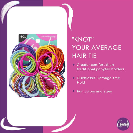 Goody Kids Ouchless Elastic Hair Ties, 60 Ct, Assorted Colors, Pain-Free