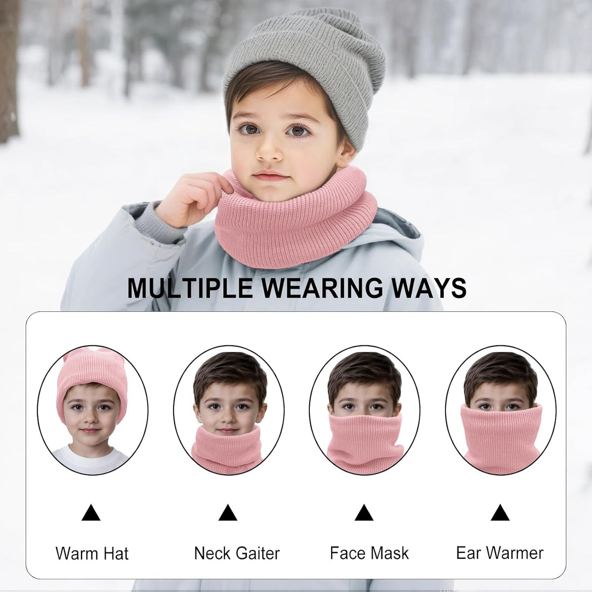 Kids Ski Mask Neck Warmer Winter Neck Gaiter Boys Girls Warm Thermal Fleece Lined Knitted Scarf for Cold Weather
