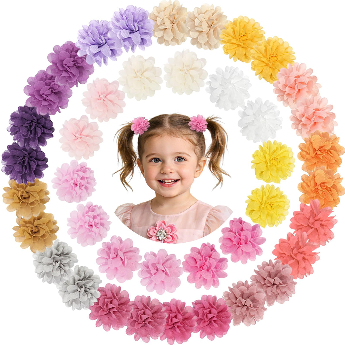 DED 40PCS 2" Chiffon Flower Hair Bows Clips for Girls Infants Toddlers