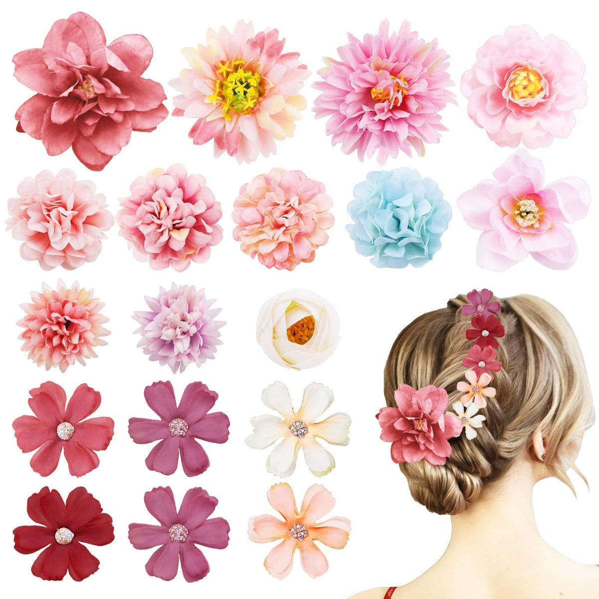 21 PCS Hair Flowers Boho Hair Barrettes Accessories Hawaiian Silk Flower Clips Girls Purple Blue Floral Bride Headpiece Festival(BLUE & PURPLE)