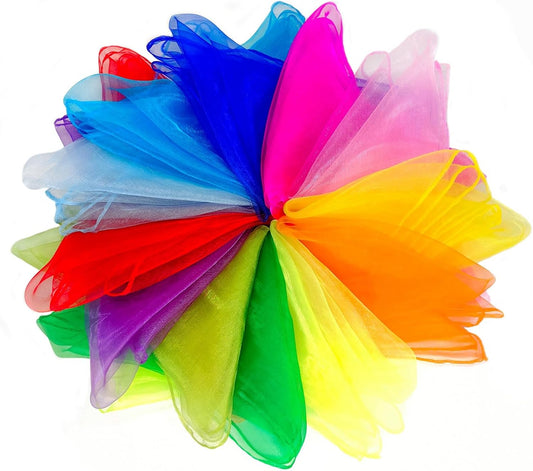 Lolakee Juggling Scarves, 12 PCS Dance Scarves for Kids Play Silk Scarve for Toddlers Children Movement Music Scarf Magic Tricks Performance Props Accessories Rhythm Band Scarfs 12colors 24 inches