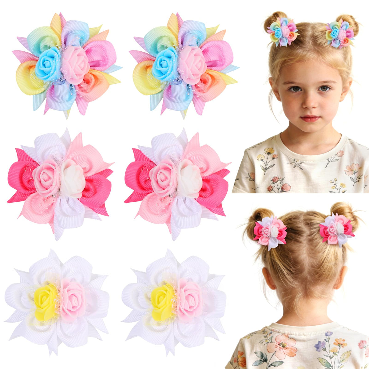TOKUFAGU 6PCS Hair Bows for Girls, Flower Hair Clips Rainbow Hair Accessories for Girls Toddler Bows with Alligator Clips for Kids Child Teens(Rainbow)
