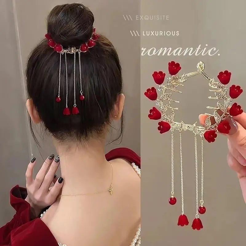 Women's Chinese-Style Alloy-Resin Bling Butterfly Hair Clip with Tassel Holders, Elegant Bun Claw, Ponytail Holder, One Size for Engagement, Anniversary, Business Occasions