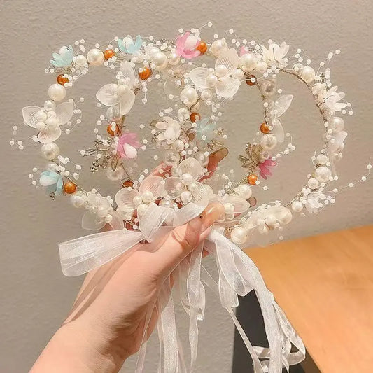 Girls' Sweet Snowflake Design Princess Flower Crown Hair Accessory - Acrylic, Nature-Infused [Blue] Pearl Garland, [Pink] Pearl Garland, Ribbon Tie Headpieces/Tiara for Fairy Party Princess Look