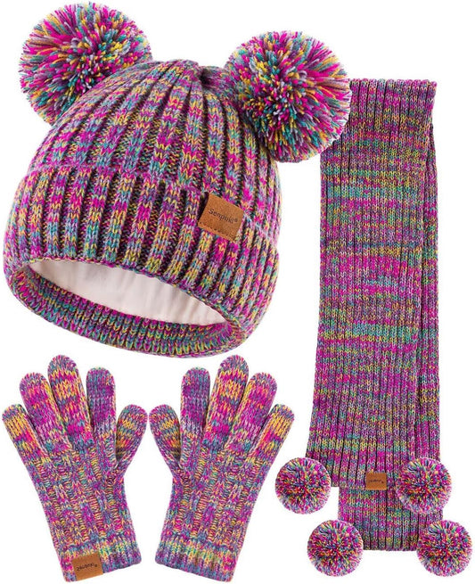 Kids Winter Hat Gloves Scarf Set, Girls Toddler Children Beanie with Pom Knit Neck Warmer Gaiter Mittens Fleece Lined Set