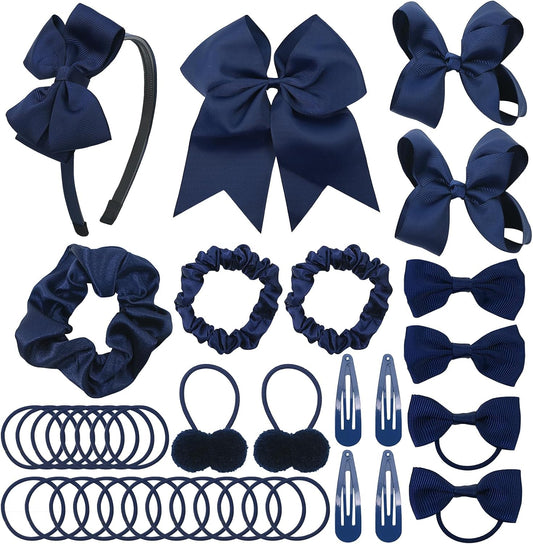 LACGO Pack of 37 School Uniform Hair Bow Accessories - Grosgrain Hair Clips Bow Headband Ribbon Alligator Ponytail Holder for Toddlers Teen Girls Uniform Party Prom Wedding(Navy Blue)