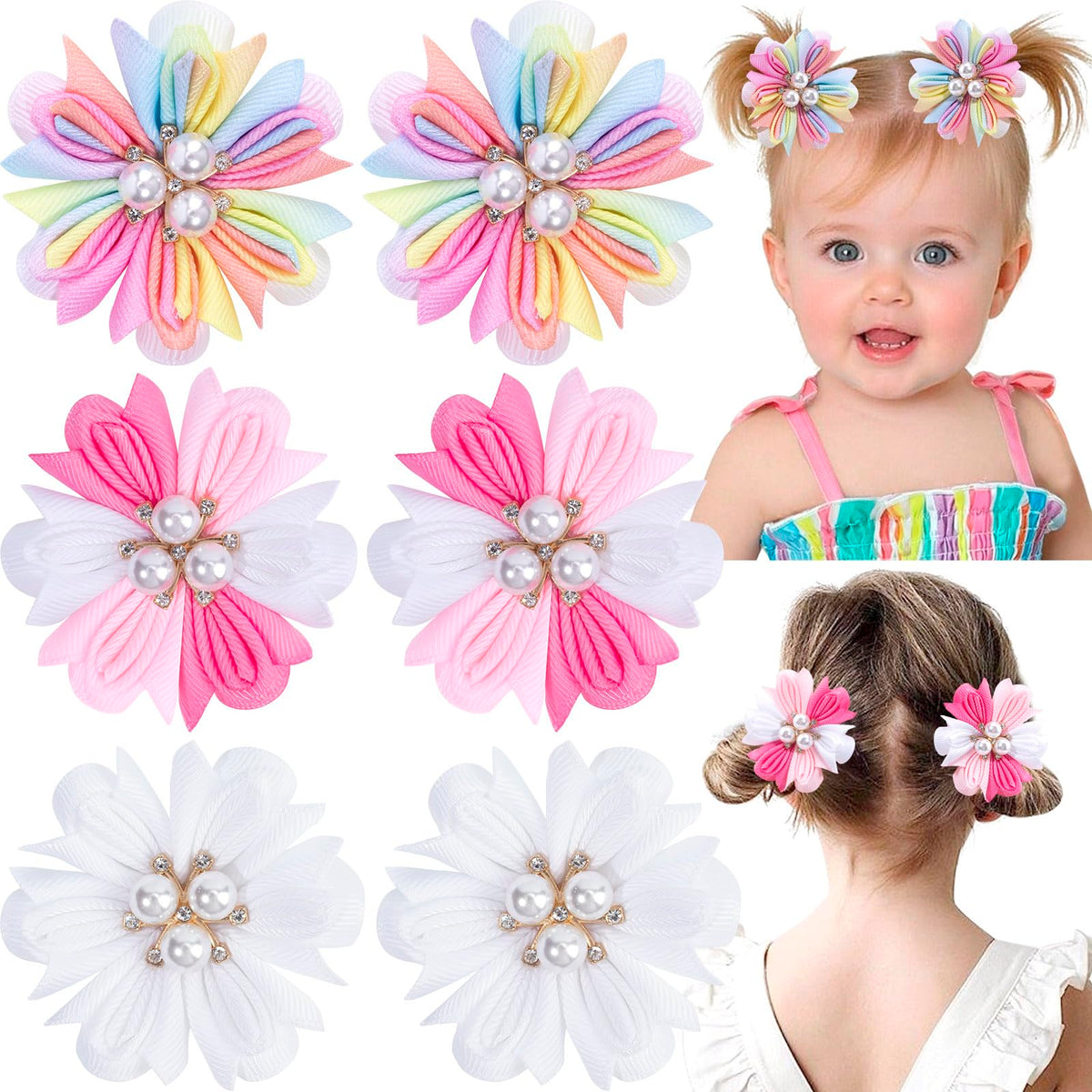 TOKUFAGU 6PCS Hair Bows for Girls, Flower Hair Clips Rainbow Hair Accessories for Girls Toddler Bows with Alligator Clips for Kids Child Teens(Rainbow)