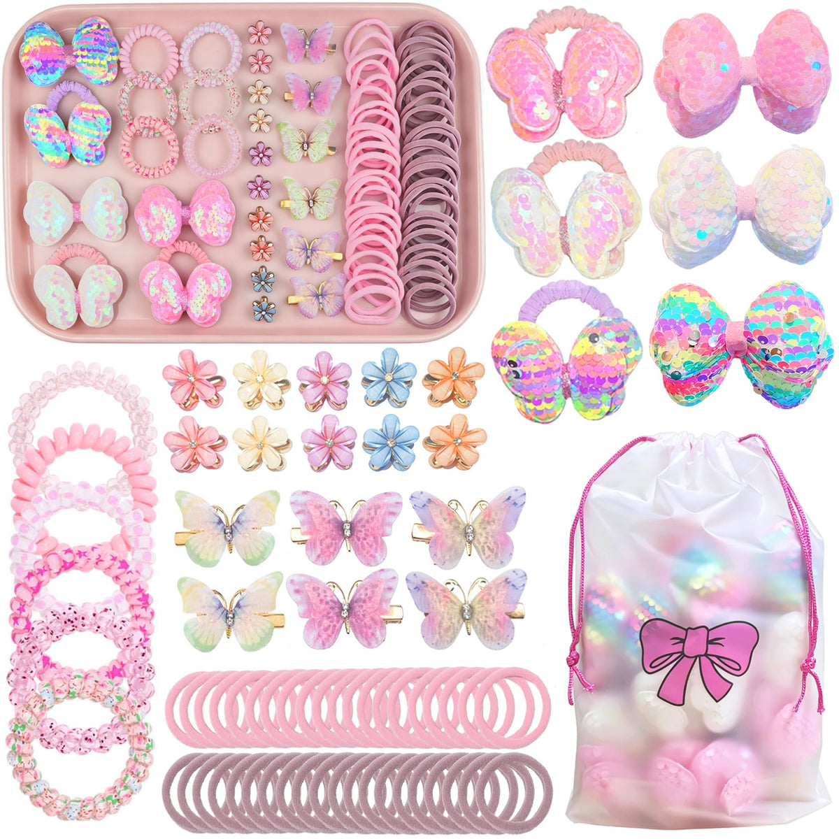 76Pcs Pink Little Girls Hair Accessories Set with Elastic Hair Ties Clips