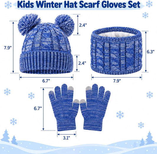 Kids Winter Hat Scarf Gloves Set - Pom Beanie Fleece-Lined Neck Warmer 3-8Y
