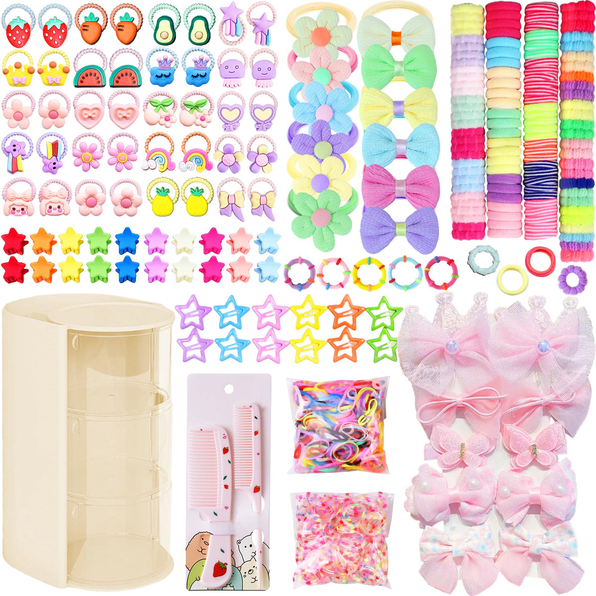 900Pcs Hair Accessories for Girls with 3-Tier Pink Organizers,Ties, Clips