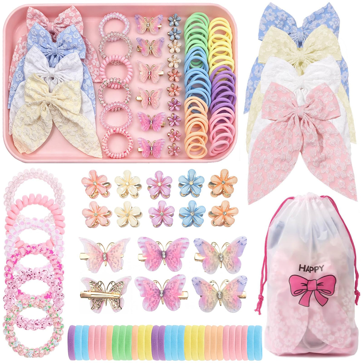 76Pcs Pink Little Girls Hair Accessories Set with Elastic Hair Ties Clips