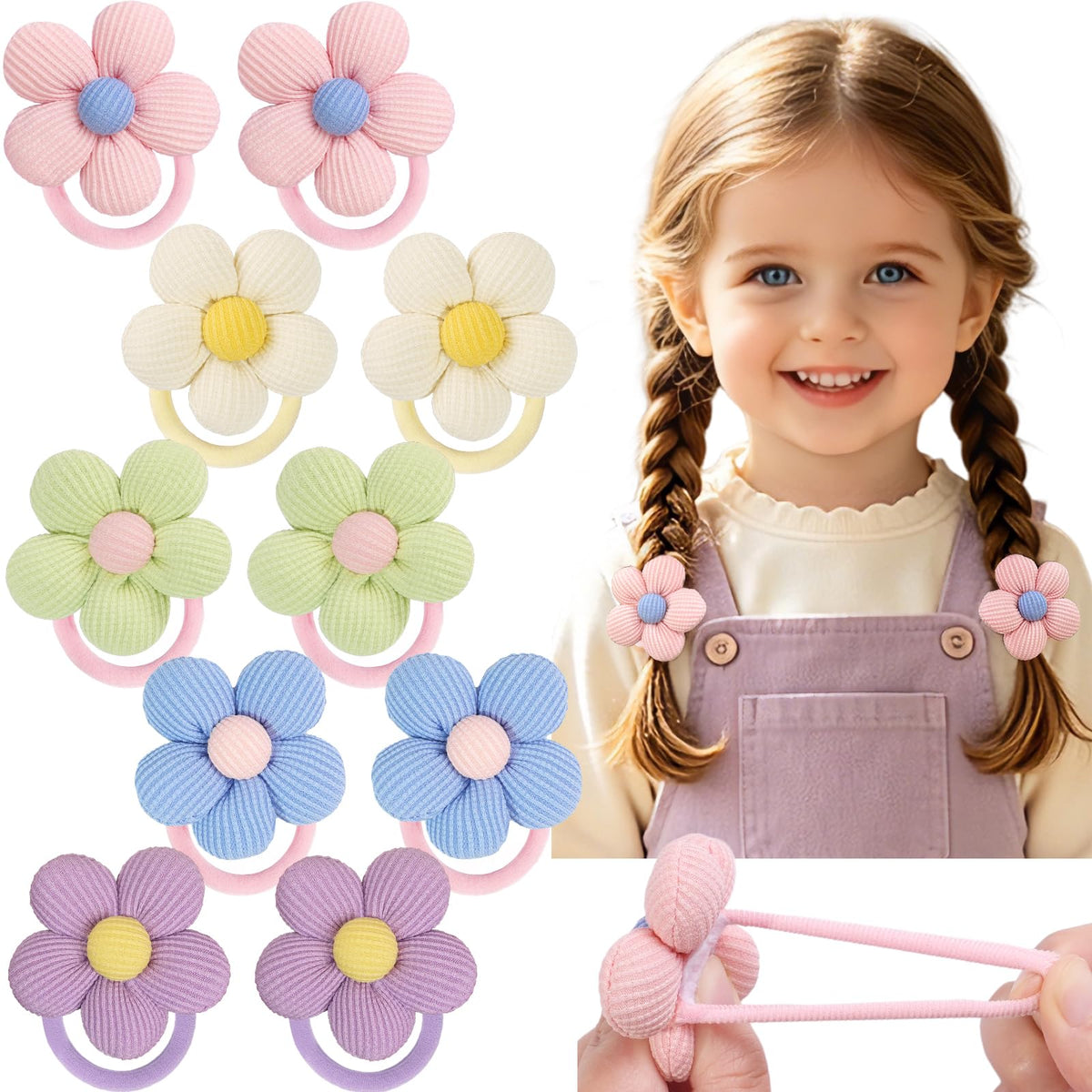 CÉLLOT 10PCS Flower Hair Ties,4cm in Diameter Seamless Nylon Bands, Normal Ponytail Holders for Girls,Teens and Women