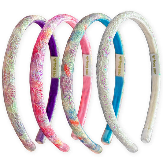 FROG SAC 4 Headbands for Girls, Thin Head Bands for Kids, Glitter Lace Hair Bands for Children, Little Girl Headband Pack (Glitter Lace)
