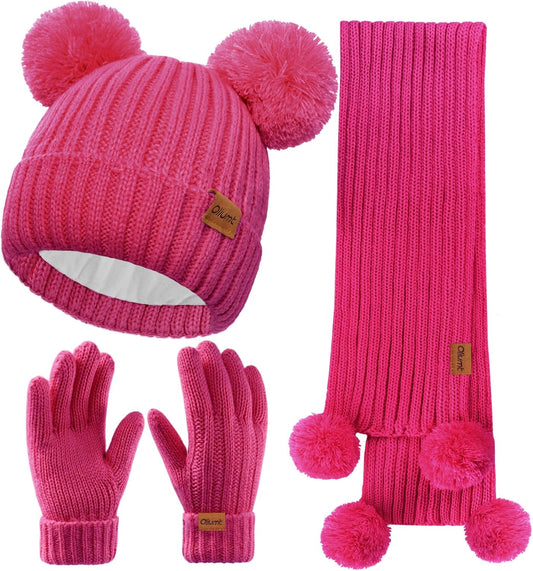 Kids Winter Hat Gloves Scarf Set, Knit Neck Warmer for Boys Girls Beanie & Mittens with 2 Sizes (2-8 & 9-15 Years)
