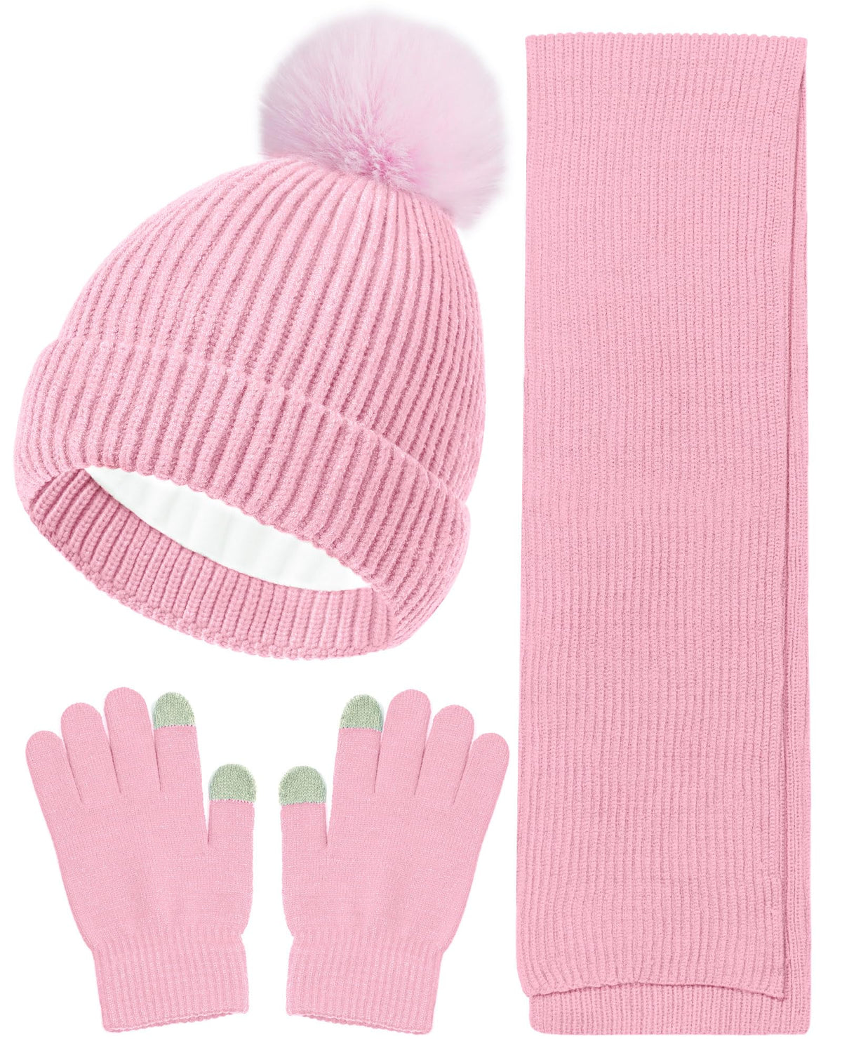 Wandx Kids Winter Hat Gloves Scarf Set Children Pompom Knit Beanie Warm Gloves with Thick Fleece for Boys Girls Ages 4-12
