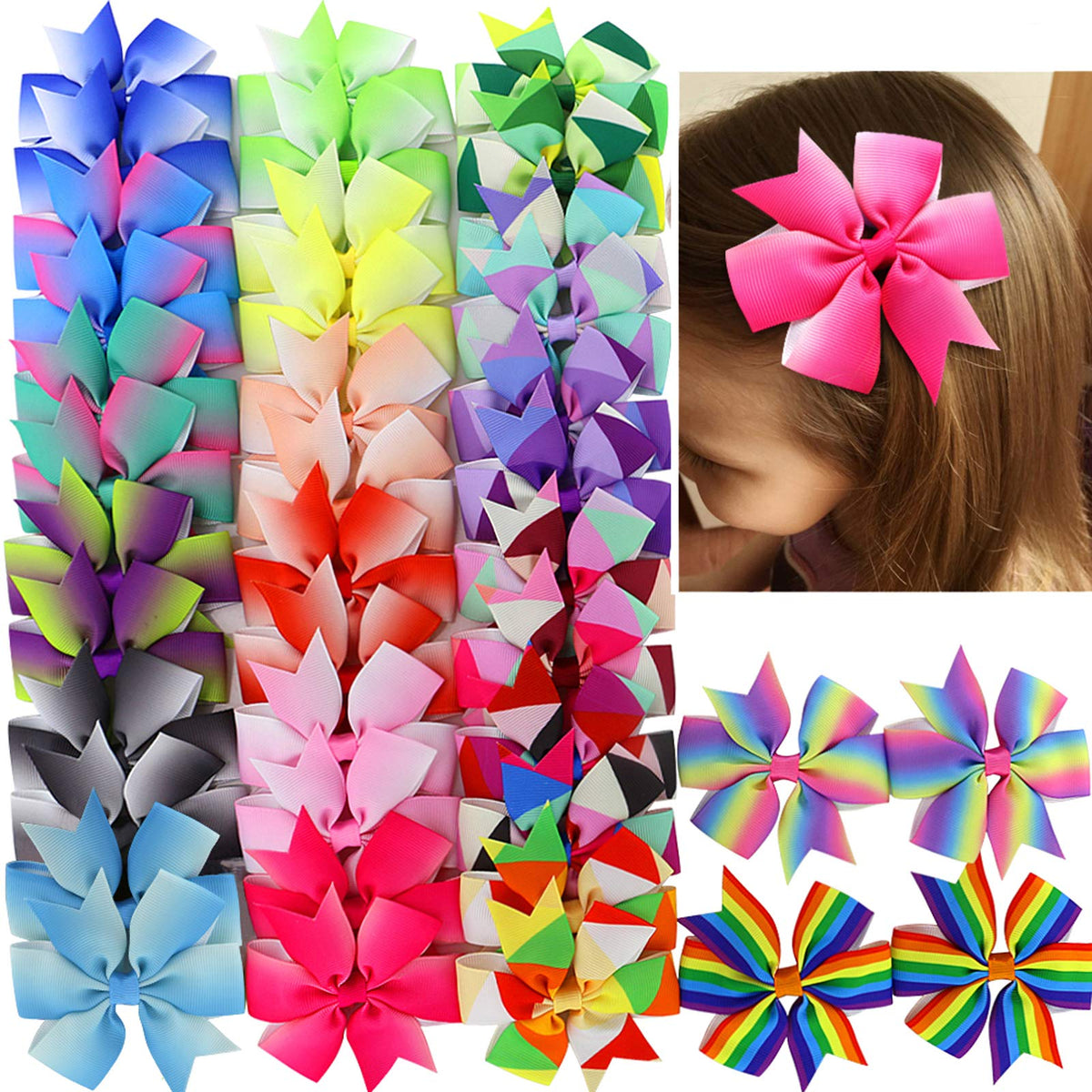 40Piece 3 Inch Boutique Grosgrain Ribbon Pinwheel Hair Bows Alligator Clips For Girls Babies Toddlers Accessories Teens In Pairs