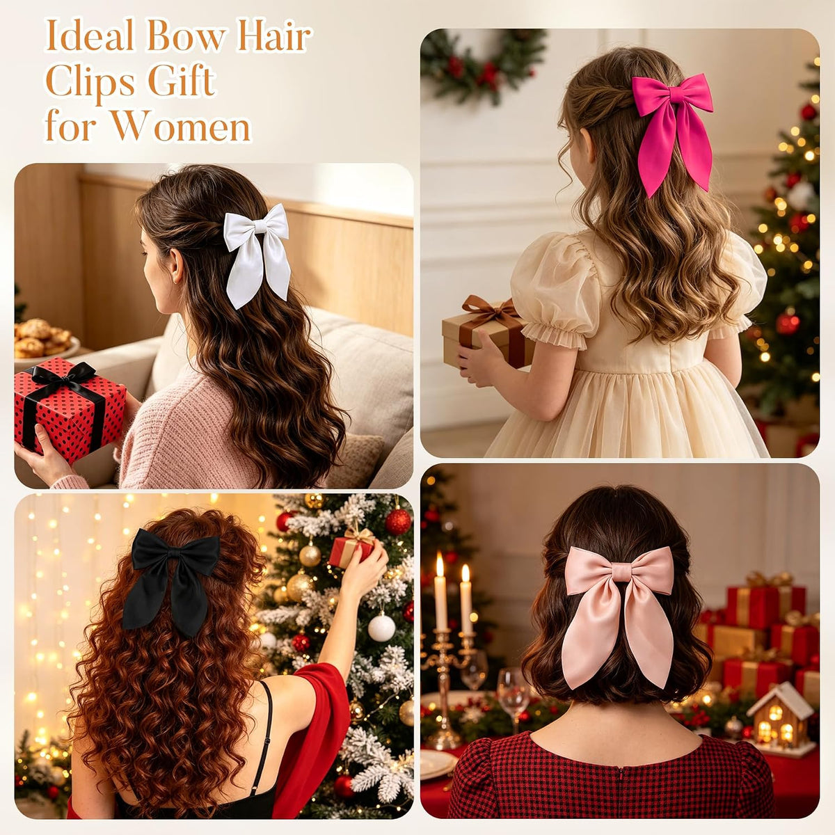 Bow Hair Clips for Women, 6Pcs Pink Hair Bows for Girls, Silky Satin Bows