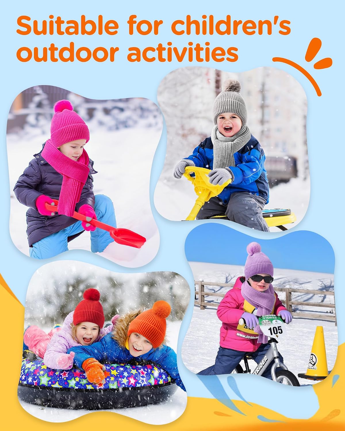 Wandx Kids Winter Hat Gloves Scarf Set Children Pompom Knit Beanie Warm Gloves with Thick Fleece for Boys Girls Ages 4-12