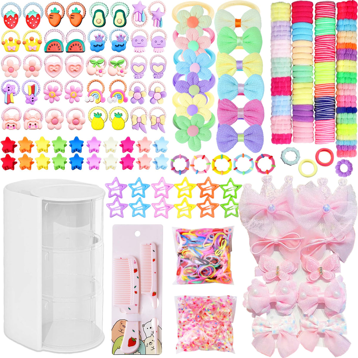 900Pcs Hair Accessories for Girls with 3-Tier Pink Organizers,Ties, Clips