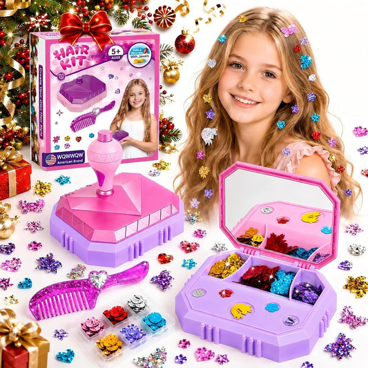 Hair Gem Stamper Kit for Girls Ages 5-12, 200+ Glitter Sequins Hair Styling Kit with Mirror Storage Case & Comb, Hair Accessories Toys, Birthday for Girls Ages 6-8 8-10 10-12