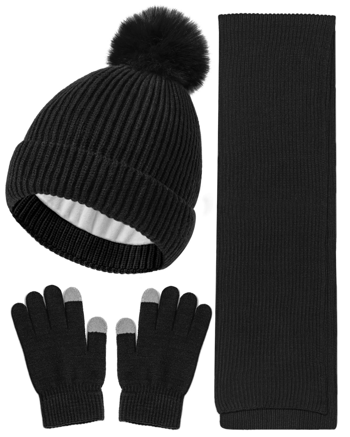 Wandx Kids Winter Hat Gloves Scarf Set Children Pompom Knit Beanie Warm Gloves with Thick Fleece for Boys Girls Ages 4-12
